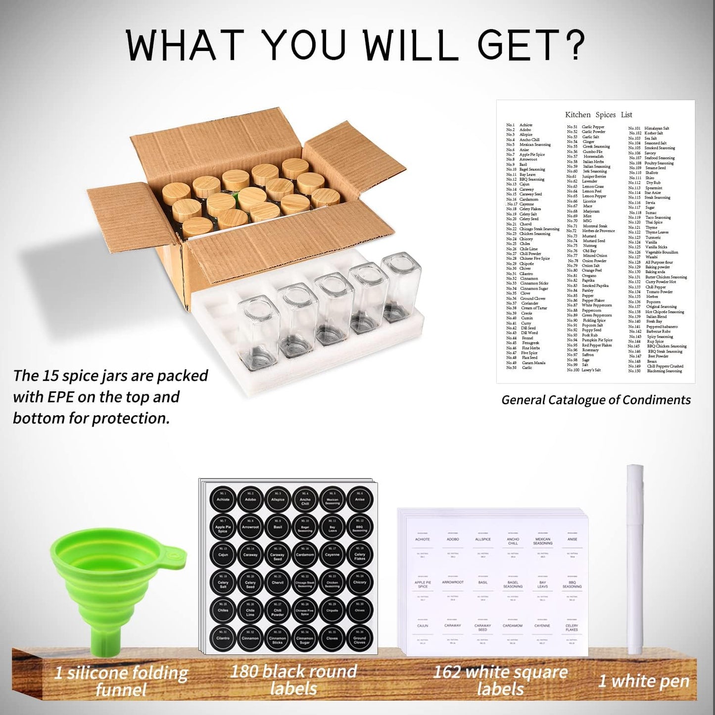 Spice Jars, Spice Jars with Labels-4Oz 24Pcs, Spice Containers with Bamboo Lids, Seasoning Containers with White Printed Spice Labels, Kitchen Organizer,Spice Bottle