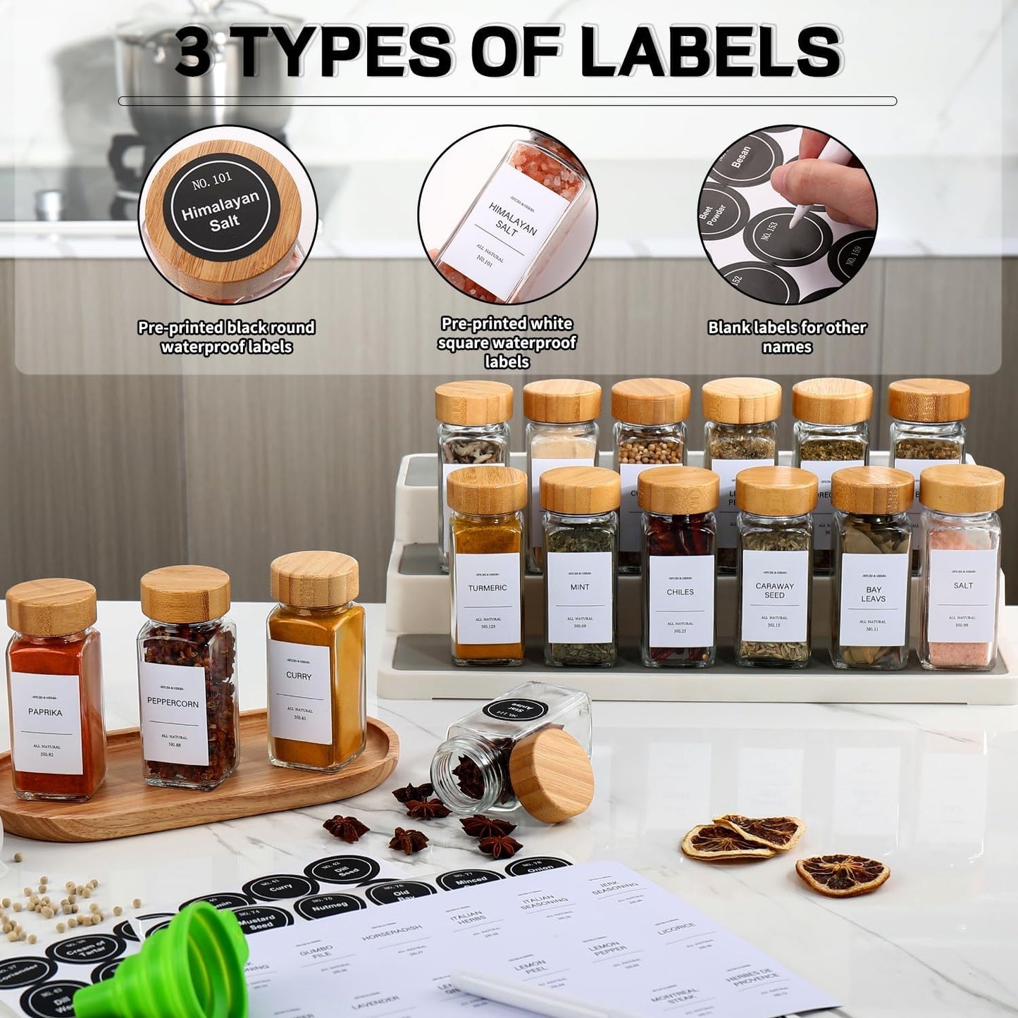 Spice Jars, Spice Jars with Labels-4Oz 24Pcs, Spice Containers with Bamboo Lids, Seasoning Containers with White Printed Spice Labels, Kitchen Organizer,Spice Bottle