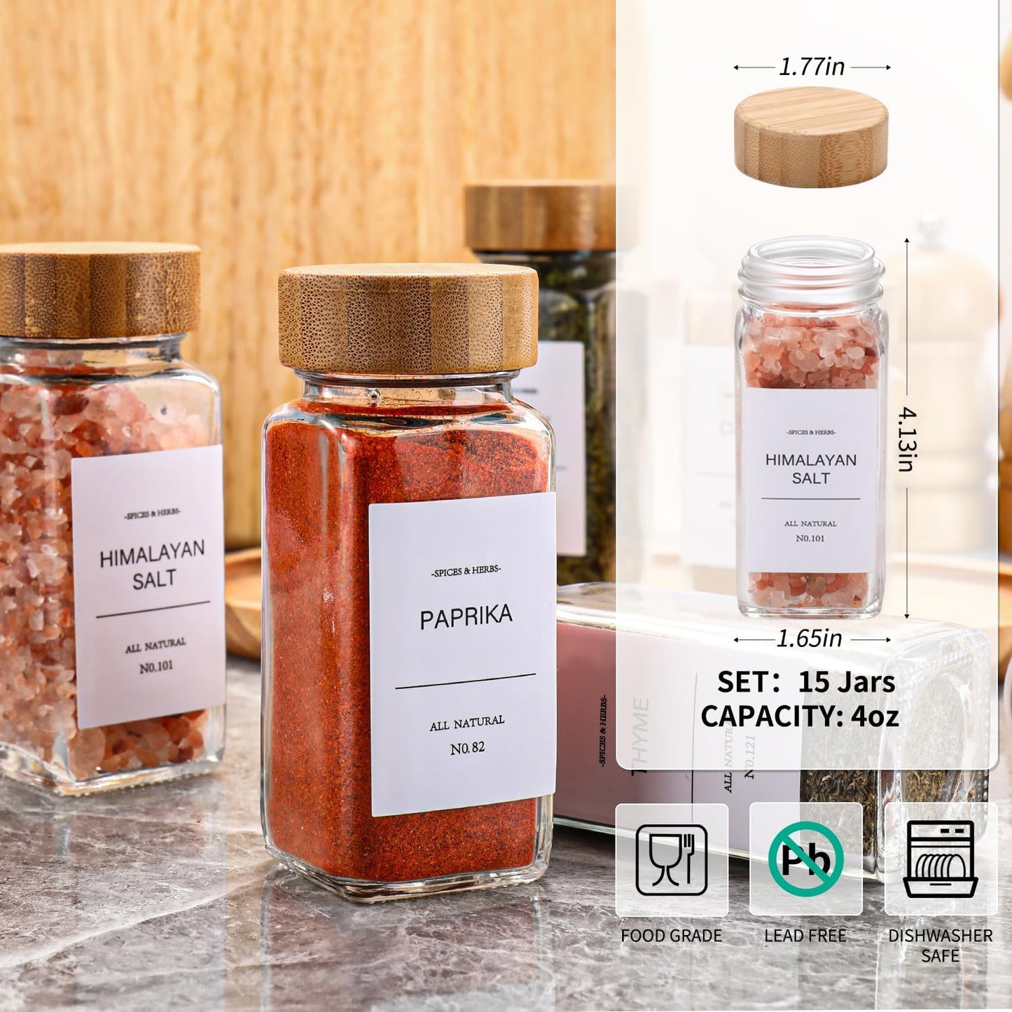 Spice Jars, Spice Jars with Labels-4Oz 24Pcs, Spice Containers with Bamboo Lids, Seasoning Containers with White Printed Spice Labels, Kitchen Organizer,Spice Bottle