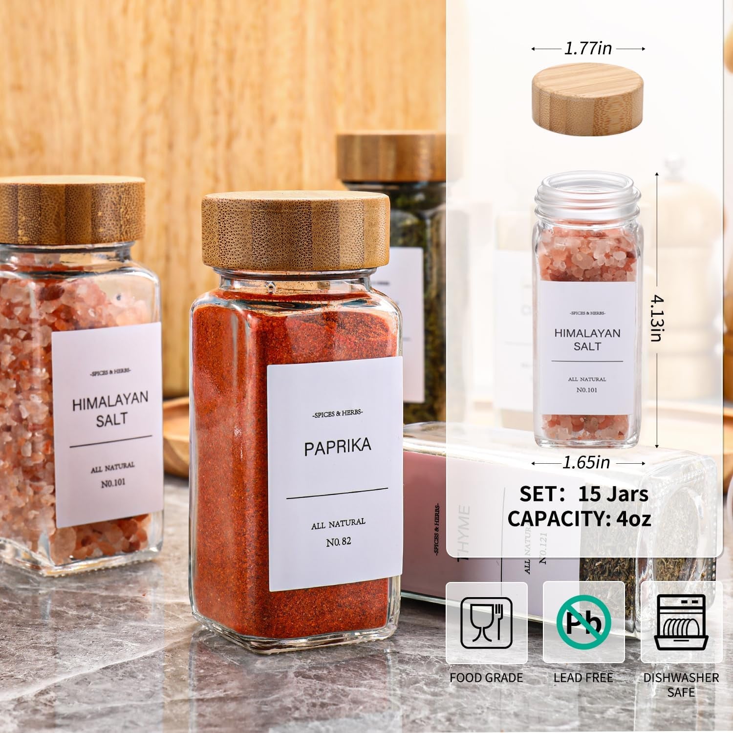 Spice Jars, Spice Jars with Labels-4Oz 24Pcs, Spice Containers with Bamboo Lids, Seasoning Containers with White Printed Spice Labels, Kitchen Organizer,Spice Bottle