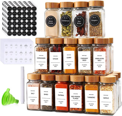 Spice Jars, Spice Jars with Labels-4Oz 24Pcs, Spice Containers with Bamboo Lids, Seasoning Containers with White Printed Spice Labels, Kitchen Organizer,Spice Bottle